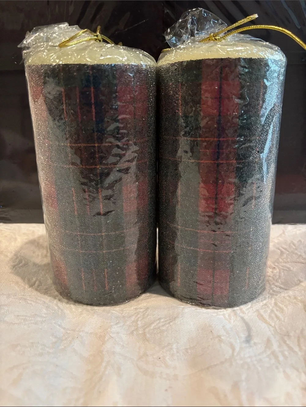 Lot of Two NEW MacKenzie-Childs Tartan Pillar Candles